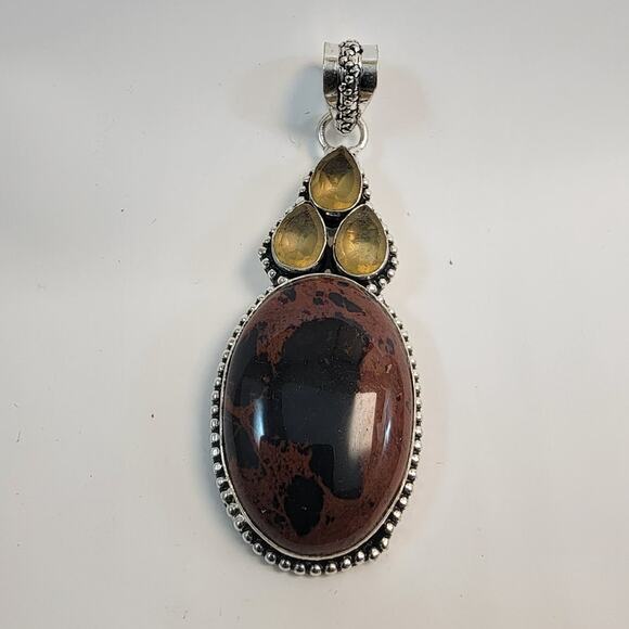 Necklace Pendants Mahogany Obsidian and Yellow Quartz Handmade Jewelry in Silver - Picture 3 of 9